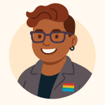 Queer Talk Therapy illustration of a smiling queer client, symbolizing affirming WPATH letters for gender surgery.