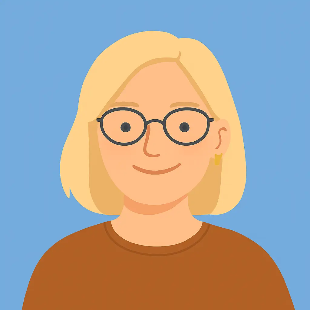 Flat-style illustrated avatar of a female-presenting Queer Talk Therapy client with fair skin and blonde hair on a muted background.