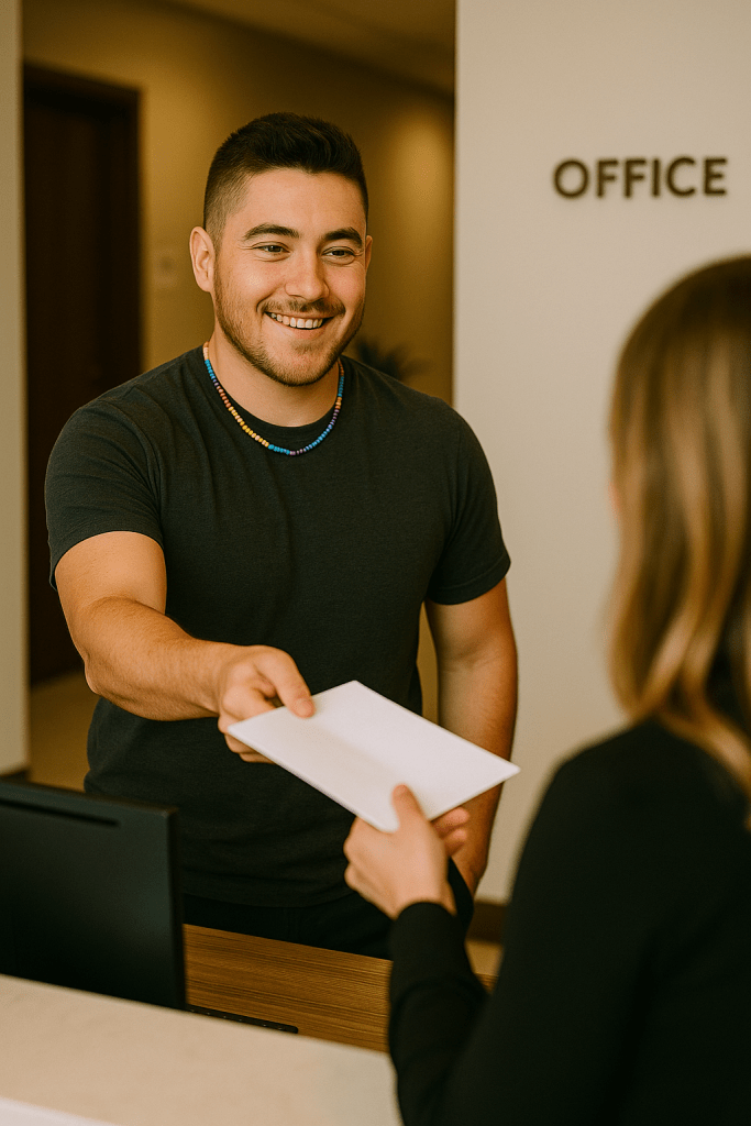 Transgender man confidently handing a gender affirming surgery support letter to a medical office administrator at reception desk.