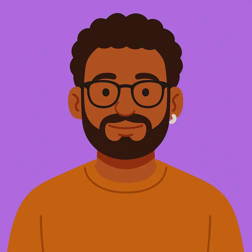 Flat-style illustrated avatar of a male-presenting Queer Talk Therapy client with medium skin, beard, and glasses on a purple background.
