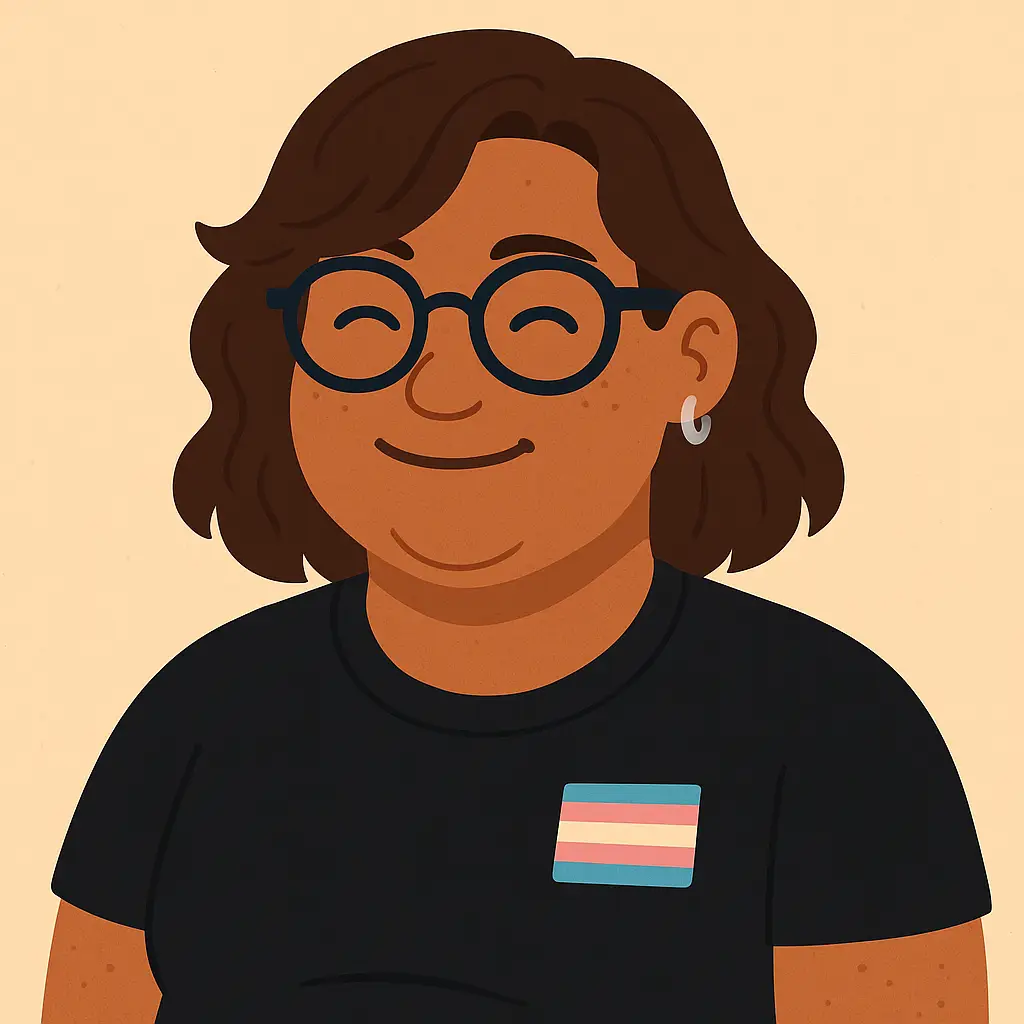 Smiling illustration of a transgender person wearing a pride pin and glasses, symbolizing approval of a top surgery support letter.