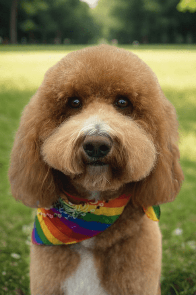 Goldendoodle wearing a rainbow pride bandana sitting in a green Chicago park, symbolizing LGBTQ affirming therapy at Queer Talk Therapy